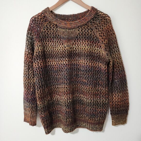 Womens Chunky Knit Pullover Sweater Brown Multicolor Fishnet Size M/L - Picture 3 of 4